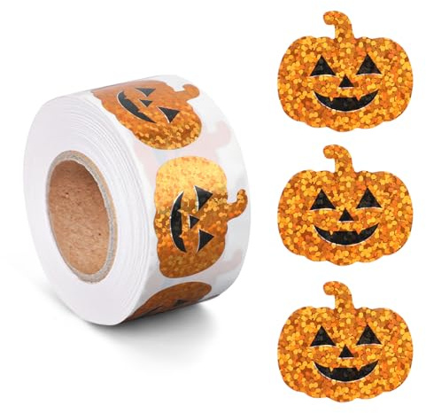 500 Stück Halloween Kürbis Aufkleber Rolle, Glitzer Orange Funkelnd Wasserfest Selbstklebend Aufkleber für Kinder Basteln Scrapbook Umschlagsiegel Geschenktüte Partygeschenk Dekor