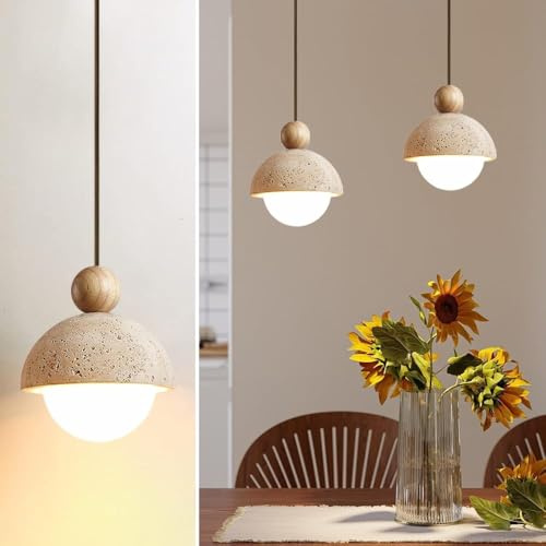 AroimRex Kleine Stein Pendelleuchte Kücheninsellampe Lampenschirm aus natürlichem Travertinstein und Glas japanischer nordischer Kronleuchter im Wabi Sabi Stil natürlicher Marmor Esszimmer Büro