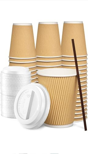 SmartCups 200 x 10oz Disposable Ripple Brown Kraft Triple Walled Paper Cups with Free LiDS 10 OZ (for Tea, Coffee, Cappuccino Hot Drinks, Takeaway & More) 10 Ounce 200 Pack Cups and LIDS