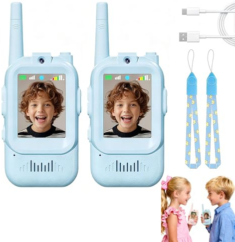 2 Pack Video Walkie Talkies for Kids with HD Camera & Voice Changer, Rechargeable Kids Walkie Talkies Long Range Walky Talkie Toys for Boys Girls Birthday (Blue x2)