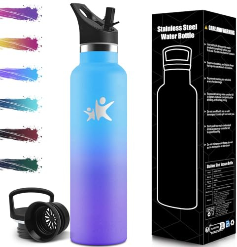 Trinkflasche Edelstahl 1L, BPA-Frei, Thermosflasche, Auslaufsichere Isolierflasche Doppelwandig, Thermoskanne, Wasserflasche mit Strohhalm, Trinkflasche Kohlensäure Geeignet für Sport