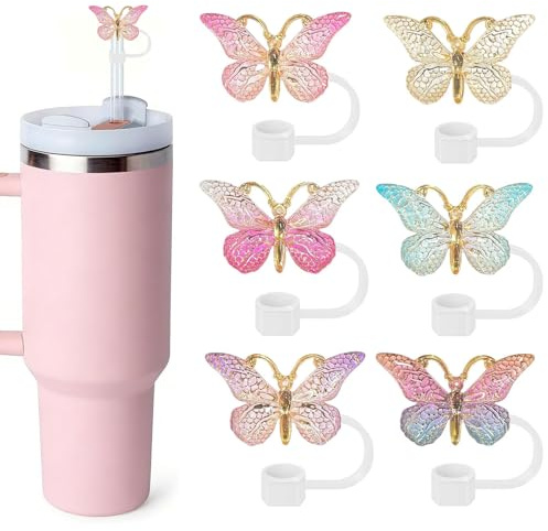 Floruvia 6 Pcs Butterfly Straw Toppers, Glitter Silicone Straw Covers, Dust-Proof Straw Dispensers,Reusable Tumbler Accessories, 10mm Compatible