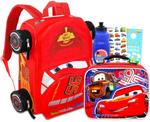 Disney Cars Backpack with Lunch Box Set for Boys School Bundle + More | Insulated Lunch Bag & 14in Mini Durable Lightning McQueen Bookbag, Water Bottle, Stickers, More - Disney Cars School Supplies