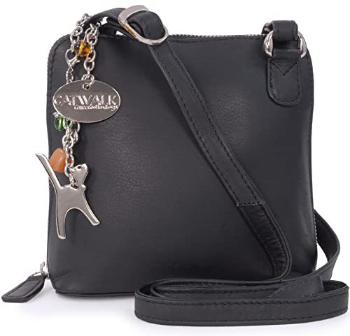 Catwalk Collection Handbags - Damen Leder Umhängetasche - Crossbody Bag/Handtasche Klein - Verstellbarer Schultergurt - LENA - Schwarz