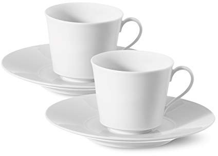 KPM Berlin URANIA Espresso-Set 4 tlg., Porzellan, weiße Espressotassen mit Untertassen, Bauhaus-Entwurf von Trude Petri, 1938, handmade im Geschenkkarton