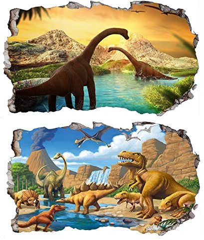 2Pcs Dinosaurier Dino Urzeit T-rex Wandtattoo 3D Effekt XXL Wanddurchbruch Fenster Wandaufkleber für Kinderzimmer Jungenzimmer Größe 1000 mm breit x 580 mm tief (groß)