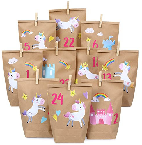 Papierdrachen DIY Adventskalender Kraftpapier Set - Einhörner zum Aufkleben - mit 24 braunen Papiertüten zum selbst Befüllen und zum Selbermachen - Weihnachten