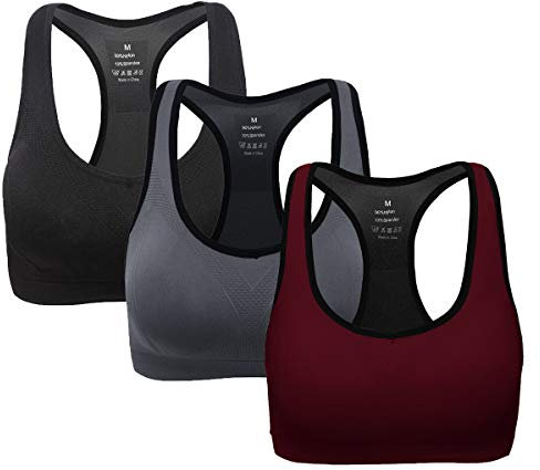 ANGOOL Women's Sports Bra Padded Mid Impact Racerback Comfy Yoga Workout Bra, Black+grey+wine Red, XL Fit 38DD 40D 40DD 42B 42C 42D