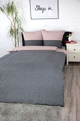 jilda-tex Biber Bettwäsche Made IN Germany Melange 135x200 cm + 80x80 cm 100% Baumwolle Feinbiberbettwäsche Edelflanell Verschiedene Größen/Farben (Dunkelgrau/Streifen Rosa, 200 x 200 cm)