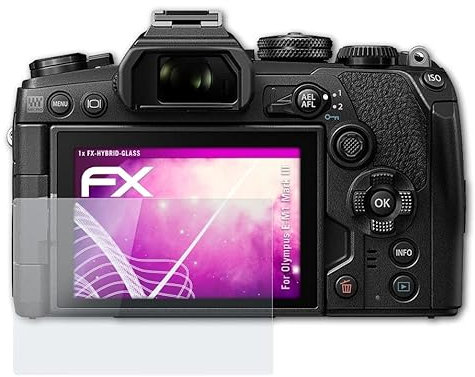 atFoliX Glasfolie kompatibel mit Olympus E-M1 Mark III Panzerfolie, 9H Hybrid-Glass FX Schutzpanzer Folie