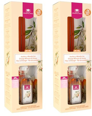 CRISTALINAS. Ambientador Mikado Clásico. Difusor con Varillas. Formula sin Alcohol. Máxima duración, más de 16 semanas. 180ml de Capacidad. Aroma Azahar. (2x180ml)