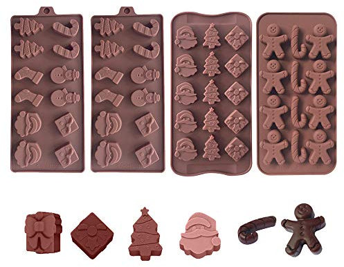 4 piezas de moldes de silicona navideños, moldes de chocolate, fundidos con muñeco de nieve, calcetines, Papá Noel, árboles de Navidad y formas de pan de jengibre, 3 tipos