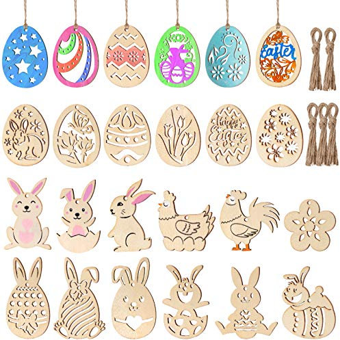 Toyvian 48 Stück Ostern Handwerk Holz Ornamente Ostern Dekorationen Unvollendete Holz Ei Hase Schmetterling Blumenform mit Zeichenstift Und Schnü für DIY Basteln Party Dekoration Osterholzschmuck
