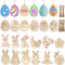 Toyvian 48 Stück Ostern Handwerk Holz Ornamente Ostern Dekorationen Unvollendete Holz Ei Hase Schmetterling Blumenform mit Zeichenstift Und Schnü für DIY Basteln Party Dekoration Osterholzschmuck