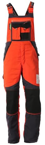 WOODSafe® Schnittschutzhose Klasse 2, kwf-geprüfte Forsthose, Latzhose orange/grau, Herren - Waldarbeiterhose (60)