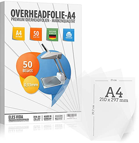 50 feuilles de film pour rétroprojecteur PEMIUM - DIN A4 transparent - Pour imprimantes LASER, copieurs - Films OHP très épais - Impression et projection de haute qualité - MADE IN GERMANY