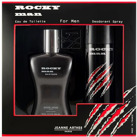JEANNE ARTHES – Geschenkset für Herren – Rocky Man – Eau de Toilette 100 ml + Deospray 200 ml – Duftnote Moschus-Sandelholz