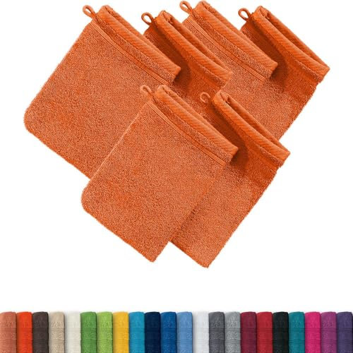 Erwin Müller Waschhandschuh Heidelberg 6er- Pack, 100% Baumwolle orange Größe 15x21 cm- weiche Qualität, saugstark und strapazierfähig - praktisch durch Schlaufe (weitere Farben)