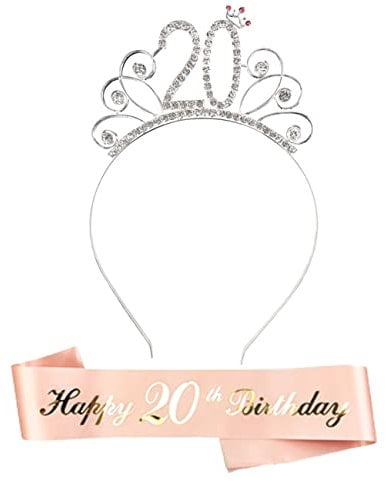 HCRXVV 20.Geburtstagskrone Schärpe Junggesellinnenabschied Set für 20 jahre Geburtstag Mädchen Deko,Kristall Kronen Haar-Zusätze Roségold Geschenk für Birthday Girl Frauen Erwachsene