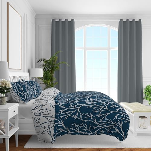 Brielle Mako Satin Bettwäsche Set, Wendebettwäsche - 100% Baumwolle/Fadenzahl 220 - seidig weich, luxuriös, mit Reißverschluss, Dunkelblau-Grau, 2-teilig, Deckenbezug 140x220cm, Kissenbezug 60x70cm