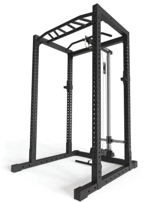 Atletica R7-Base Plate Power Rack | Power Rack mit Latzug-/Ruderstation, Multi-Grip Pull-Up Bar & J-Hooks | 128 kg Eigengewicht | Modular erweiterbar Größe 203cm