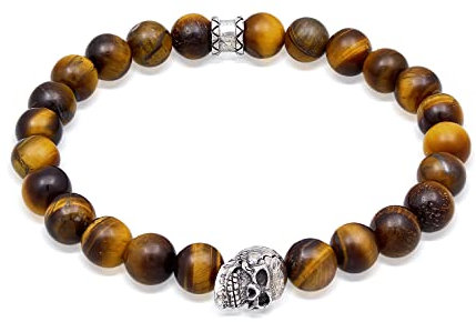 Kuzzoi Buddha Herren Armband mit Tigerauge (braun) Schmuckstein-Perlen, Totenkopf Bead aus 925 Sterling Silber, Chakra Yogaarmband, Energiearmband, Länge 19 cm