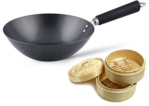 Ken Hom Wokpfanne 27 cm Induktion - Antihaft Wok Karbonstahl mit Kunststoffgriff - für alle Herdarten geeignet - Set inkl. 2-stöckigem Dampfgarer 20 cm