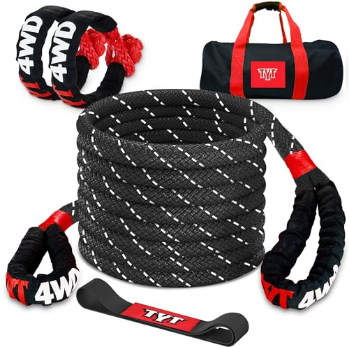 TYT Kinetic Recovery Rope,(1in x 30ft Black) 48,500lbs Snatch Strap, Heavy Duty Stretch Nylon Towing Ropes with 2pcs Soft Shackles for Offroad Vehicle,Jeep,SUV,ATV,UTV,Tractor Elastic Ropes Kit