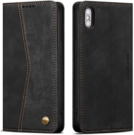 QLTYPRI Hülle für iPhone X/iPhone XS, Vintage Dünne Handyhülle mit Kartenfach Slot Ständer PU Ledertasche Klapphülle TPU Bumper Flip Schutzhülle Kompatibel mit iPhone X/iPhone XS - Schwarz