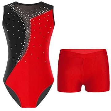 TTAO Kinder Mädchen Ärmellos Gymnastikanzug mit Strassstein Training Leotard mit Shorts Turn Set Gymnastik Training Dancewear Gymnastikbody Rot 134-140