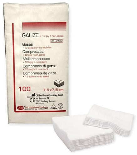 DE Healthcare Products – Mullkompressen (100 St.), 7,5 × 7,5 cm, unsterile Wundauflagen aus 100% faserfreier Baumwolle, 12-fach gelegtes saugfähiges Wundmaterial
