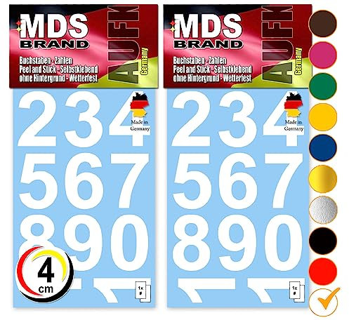 MDS Brand Design 4cm Zahlen Aufkleber | Selbstklebende Klebezahlen | Vinyl Hausnummern zum Aufkleben für Briefkasten, Mülltonnen Aufkleber, Buro Aufkleber, Zahlen für Außen & Innen Peel (Weiss)