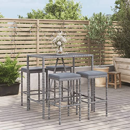 CIADAZ 5-TLG. Gartenbar-Set mit Kissen, Outdoor Möbel Wetterfest, Bartisch Set, Gartenmöbel Set, Outdoor Bar, Gartenbar Outdoor, Grau Poly Rattan