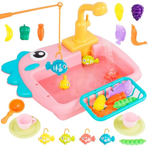 Küchenspüle Spielzeug Set mit Angelspiel, Fließendes Wasser Spülmaschine, Küchenutensilien,Rollenspiel Spielzeug für Kleinkinder Kinder Mädchen ab 3 Jahre Rosa
