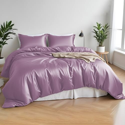 LINENWALAS 100% Organic Bamboo Complete Core Bedding Set 3 Pcs for Single Bed - Soft Cooling Bamboo Silk Bedding Set Perfect for Skin- 1 Duvet Cover, 1 Fitted Sheet & 1 Pillowcases (Lilac)