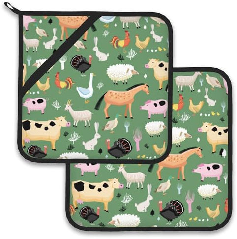 Lustige Topflappen, Motiv: Bauernhoftiere, Pferd, Kuh, hitzebeständig, für Küche, Kochen, Backen, Grillen, 2 Stück