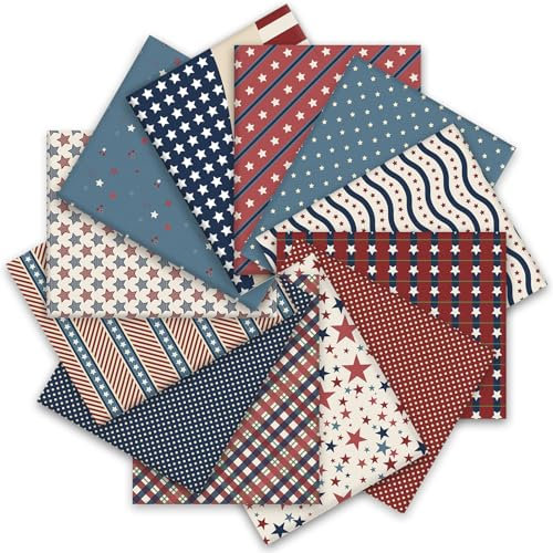 Whaline Patriotische Baumwollstoffbündel im Vintage-Stil, kariert, gestreift, Stern, Fat Quarter, 4. Juli, Quilten, Patchwork für Unabhängigkeitstag, DIY, Handwerk, Party-Dekoration, 45,7 x 55,9 cm,