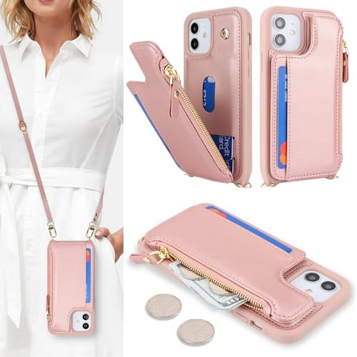 SailorTech Handyhülle für iPhone 12 Etui mit Kartenfach, iPhone 12 Pro Hülle mit Verstellbarer Halskette, iPhone 12/12 Pro Handytasche mit Reißverschluss Geldbörse - Roségold