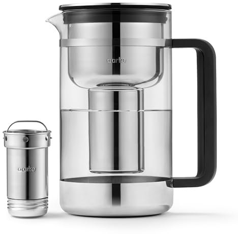 aarke Purifier Glass Water Pitcher, Refilable Stainless Steel Filter, 8-Weeks Performance, BPA-Free, Dishwasher Safe, Pure & Enriched Refill Granules, 1.66L (7 Cups) Capacity