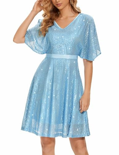 Wedtrend Pailletten Kleid Damen Cocktailkleid Damen Knielang Sexy Sommerkleid WTS6003 Blue 2XL