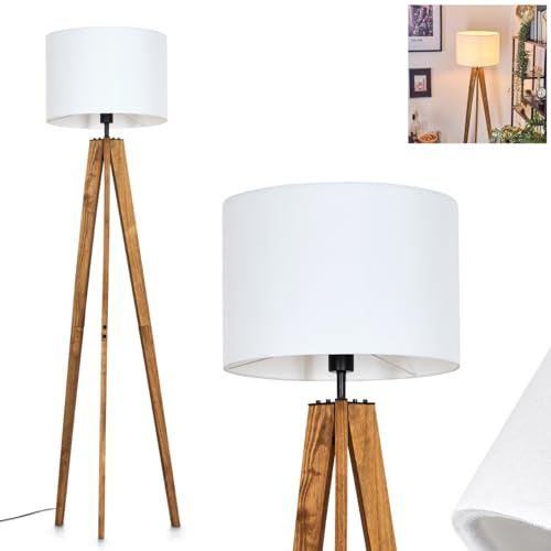 Stehleuchte Bassagoda, Stehlampe aus Holz/Metall/Stoff in Natur/Schwarz/Weiß, Leuchte im skandinavischen Design mit Schirm aus Stoff (Ø 40 cm) u. Fußschalter, Höhe 161 cm, 1 x E27, ohne Leuchtmittel