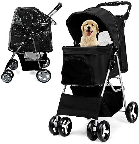 JupiterJX Dog Stroller with Rain Cover, Pet Pram for Small Medium Pets With Storage Basket, Cup Holder, Foldable Pushchair for Cats and Puppies (Black)