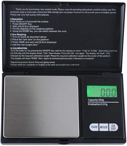 Báscula electrónica Báscula digital de bolsillo 200 g/0,01 g Báscula de cocina Báscula de gramo Báscula de alimentos Báscula de joyería Báscula inteligente negra Durable ()