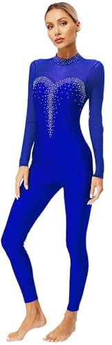 Fldy Damen Ganzkörper Turnanzug Langarm Mesh Patchwork Ganzkörperanzug Gymnastik Tanz Trikot Ballett Body Eislaufen Tanzkleidung Blau_B L