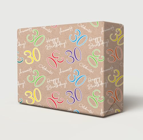 Geschenkpapier zum 30. Geburtstag, Aufschrift Happy Birthday, mehrfarbig, Braun, Unisex, Geschenkpapier zum 30. Geburtstag, männlich, weiblich, 2 Bögen