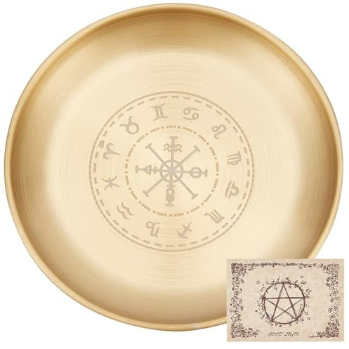 CREATCABIN Viking Runes Altar Plate Tarot Plate Ritual Burning Candle Holder Bowls Offering Incense Burning Ceremony with Altar Card Home Decor for Witchcraft Wiccan Wedding Golden 5.55 Inch