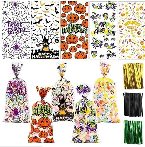 120 Sück Cellophantüten Halloween, Bonbon Cellophantüten Zellophantüten für Süßigkeiten mit Twist Krawatten Plätzchen Spinnennetz Kürbis Tüten für Halloween Geschenk Deko Party