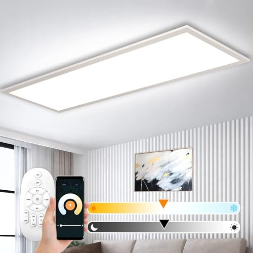 Dimmbare LED Deckenleuchte 120x30 cm mit WIFI TUYA, 40W Superhelle Flach Panellampe mit APP & Fernbedienung, 2700K - 6500K Intelligente Beleuchtung für Büro, Wohnzimmer, Küche, Garage, Babyzimmer
