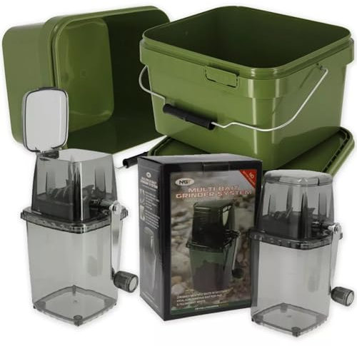 Bait Grinder System & 5L Square Bait Bucket Boilie Crusher for Ground Bait PVA Bags & Bait Boats Airtight Lid Sturdy Metal Handle with Polymer Grip Fishing Bait Storage & Preparation