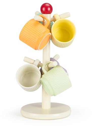 E-ROOM TREND Tassenhalter | 1 Stück Becherhalter aus Holz | mit 6 Hölzerne Tasse Rack Haken | Kaffeetassenhalter für Arbeitsplatte Küche Kaffee Bar Küchentheke (MH471)